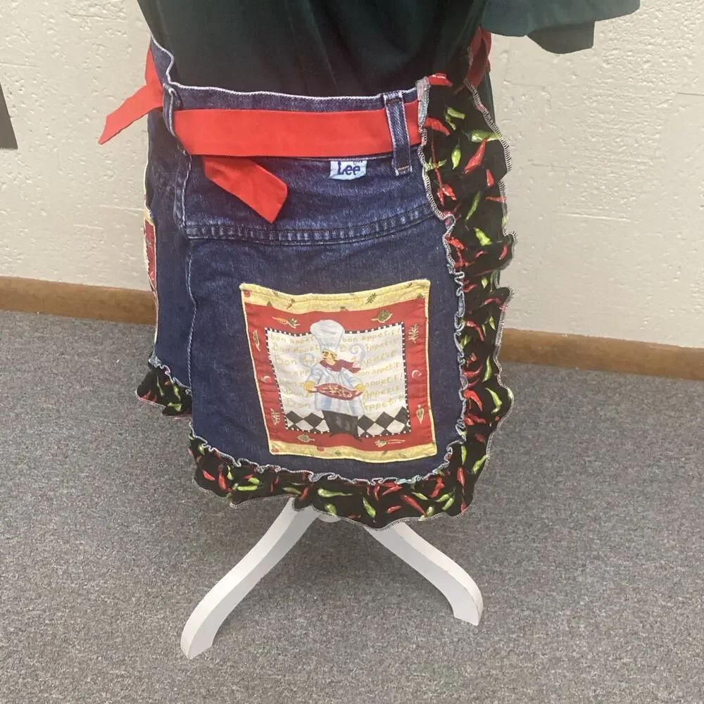 Hand Made Lee Denim Apron Red Hot, Chili Peppers, Lace, Trim, Chef Pockets